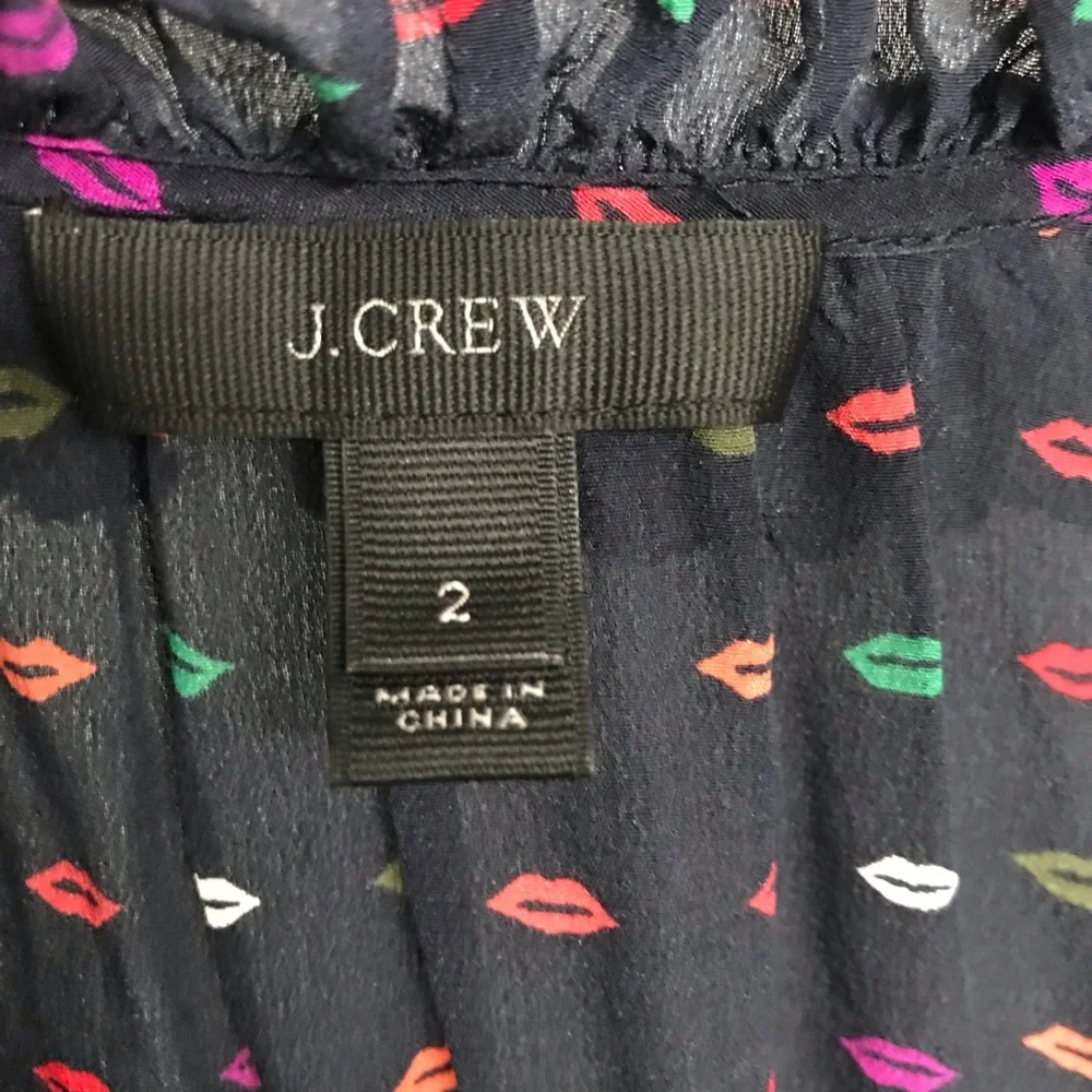 J. Crew Ruffle-neck Silk Top Lips Print